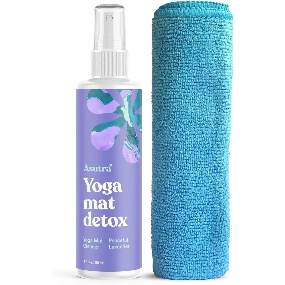 Yoga Mat Cleaner Spray with Cloth, 4oz Non-Toxic Essential Oil Formula for Mat Deep Clean - Variety Scents Including Uplifting Eucalyptus & Energizing Peppermint, For Recycled Polyester Blends, Spandex, Aromatherapy Benefits, Water-Based, Organic Essentia