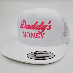Daddy's Money Flat Bill Mesh Snapback Cap Hat Florescent Pink Embroidered