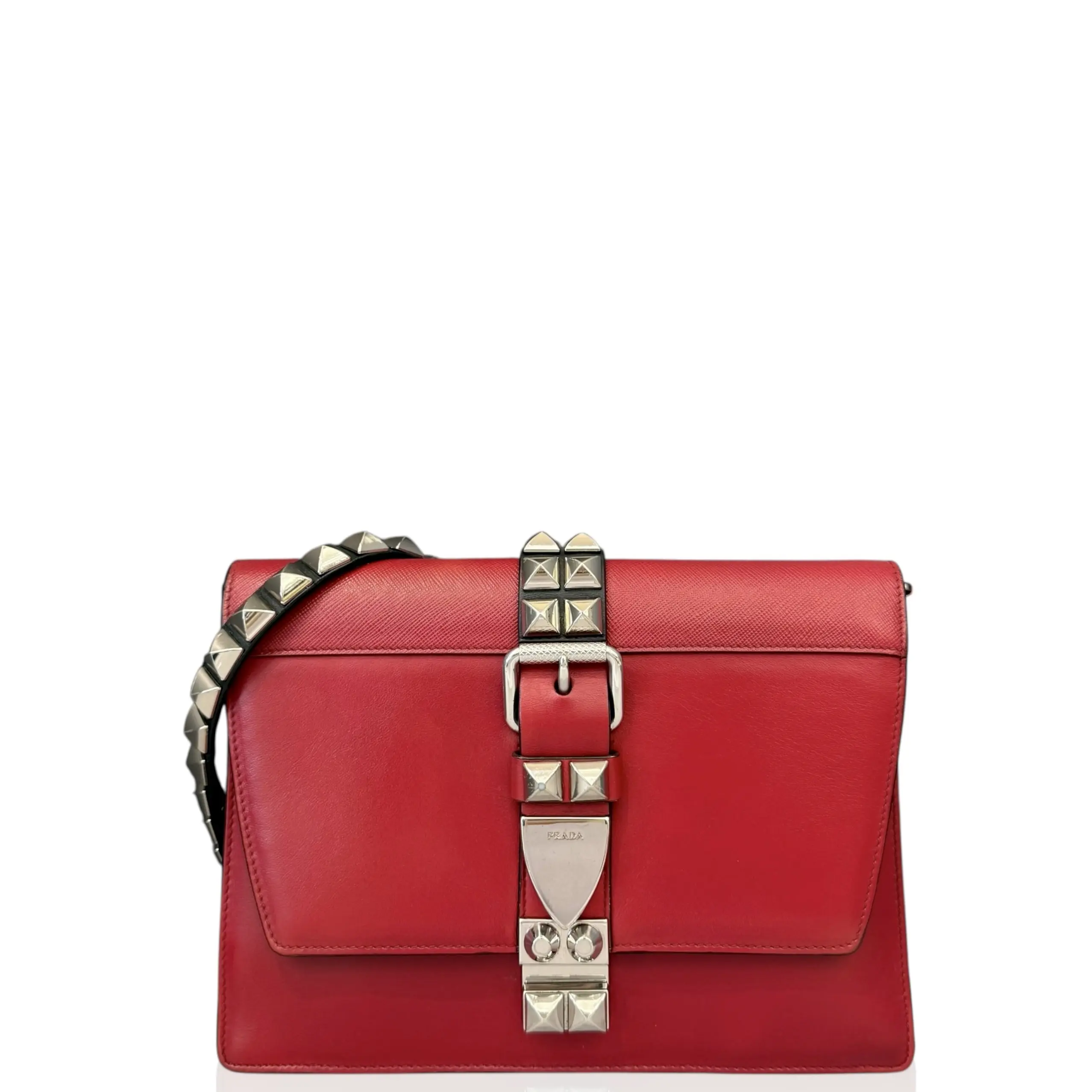 Pre-owned PRADA Leather Shoulder Bags Studded Shoulder Bag Calfskin Red (gy020626b1)