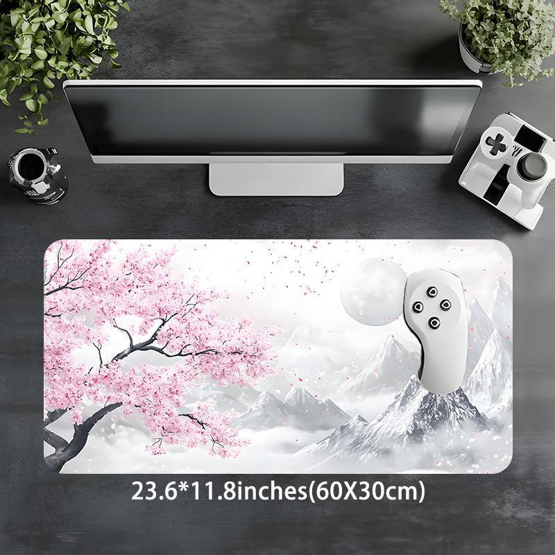Japanese Cherry Blossom Snow Mountain Design Large Gaming Desk Mat,Pink and white Aesthetic Desktop Drotection Pad,Washable Rubber Pad Non-Slip Lock Edge Multi-Size Desk Mat Suitable For Home Office,Good Gift for Family and Friends, Desk Accessories