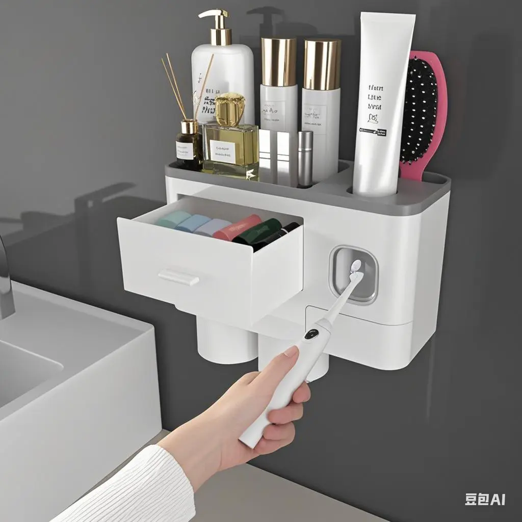 Toothbrush Holders for Bathrooms, Cups Toothbrush Holder Wall Mounted with Toothpaste Dispenser - Large Capacity Tray, 2 Cosmetic Drawer - Bathroom Organizer & Bathroom Accessories Set Organizing Home Goods Magnetic Ceramic Water Proof