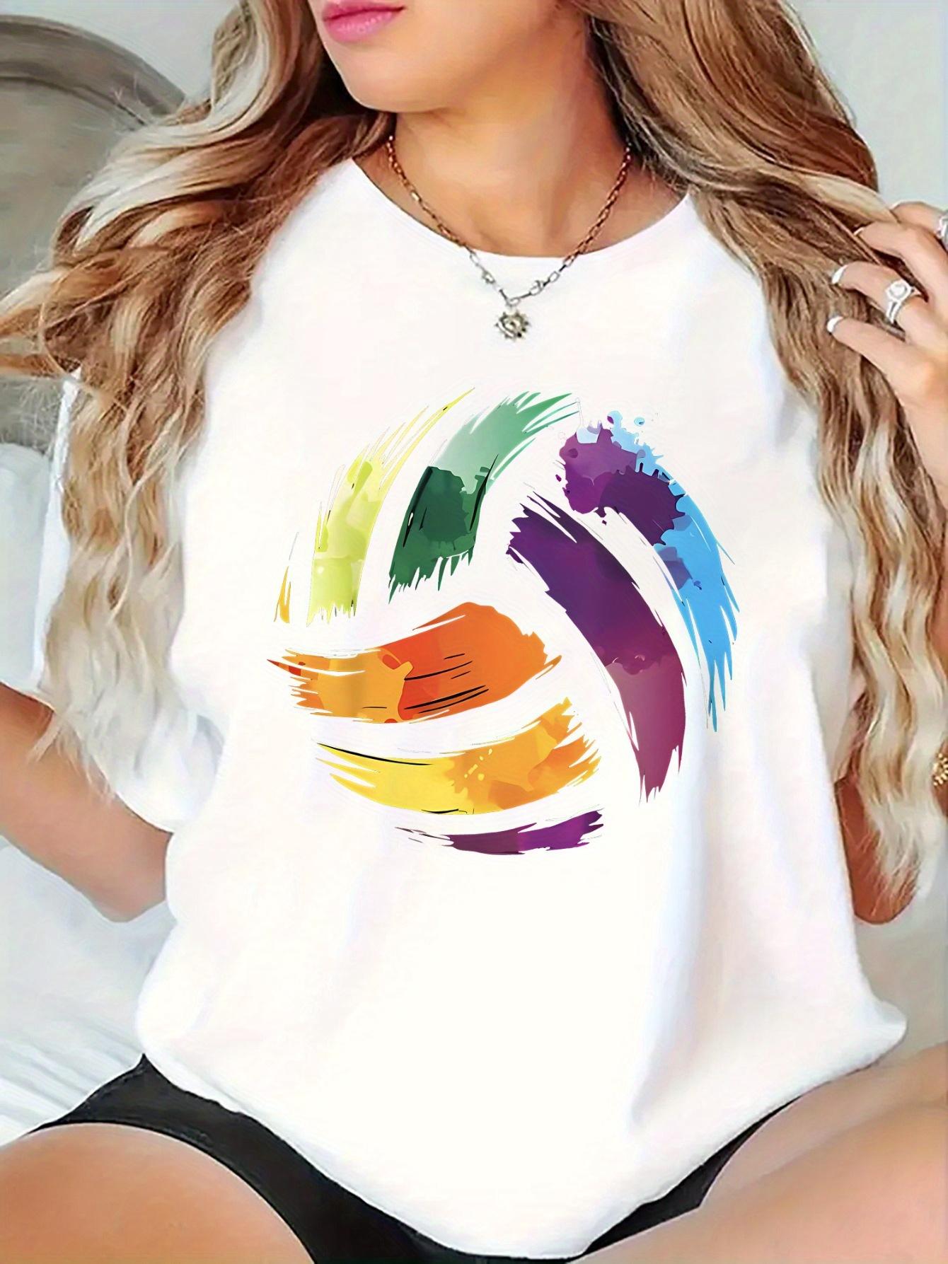 Vibrant Rainbow Volleyball Graphic Women'S Summer Short Sleeve Top - Relaxed Fit Tee for Sports And Casual Wear