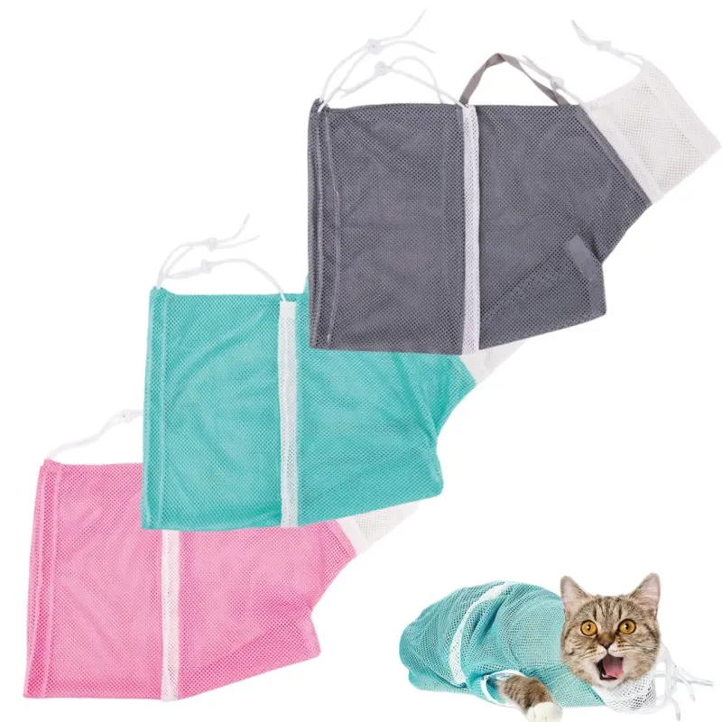 Cat Bath Mesh Bag, Portable Mesh Shower Bag, Cute Safe Adjustable Drawstring Travel Bathing Bag for Cat Grooming, Grooming Supplies, Nail Trimming, Injection, Bath Accessory, Pet Cleaning Calming Tools-MM1