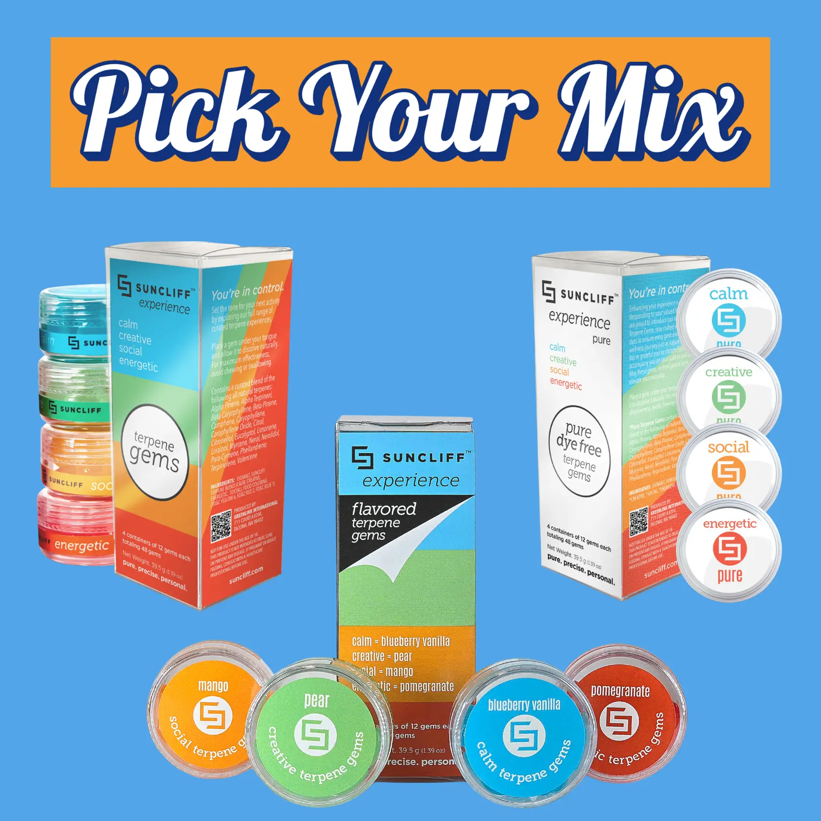 Pick Your Mix: Suncliff Terpene Gems 48-Count | Experience Pack | Calm | Creative | Social | Energetic- Mood Gems Healthcare Natural