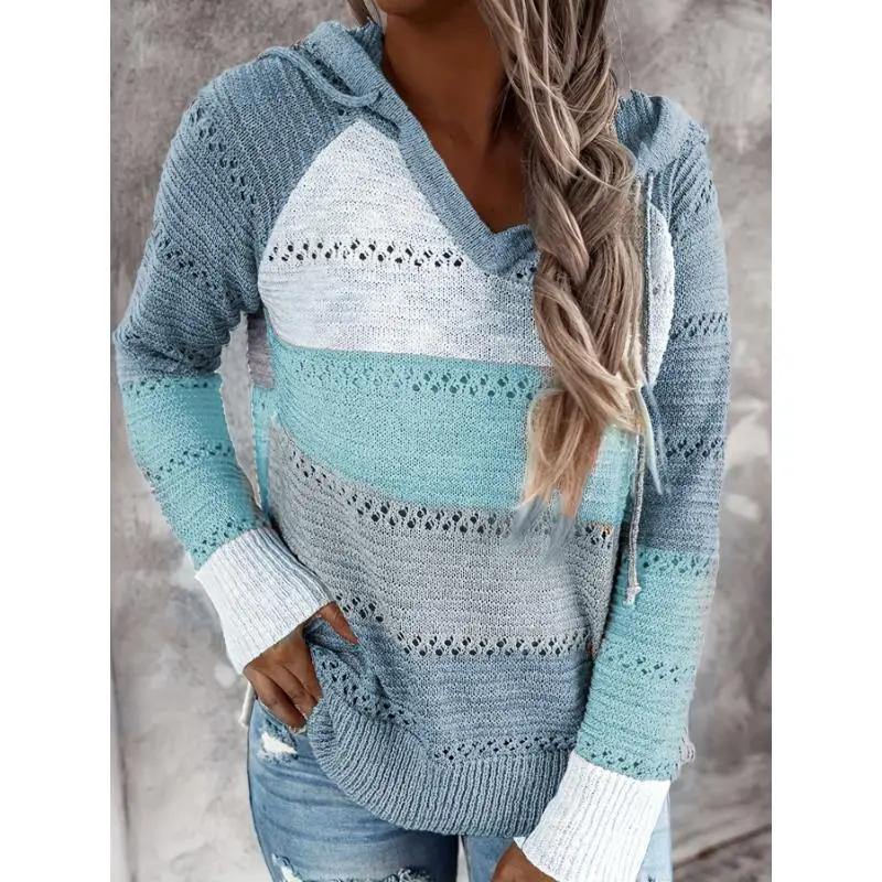 New(New)NewColor Block Pullover Drawstring Hooded Sweater, Casual Long Sleeve Pointelle Thin Knitted Sweater For Fall & Winter, Women's Clothing Can be used with raincoat