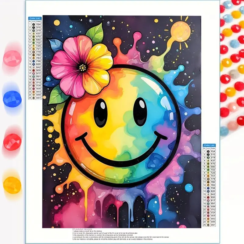 A 5D Round Diamond Full Drill Frameless Diamond Painting Kit Diy Diamond Art Featuring a Rainbow Smiley Face with Flowers And an Abstract Colorful Design, Measuring 30X40Cm/11.8X15.7Inch