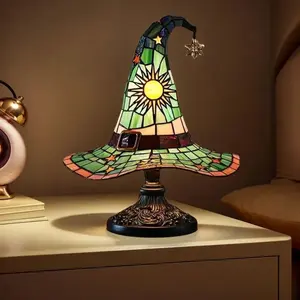 Handcrafted Stained Glass Resin Witch Hat Lamp - Gothic Table Decoration, Halloween Spooky Night Light for Bedroom, Unique Wiccan Gift for Indoor Parties