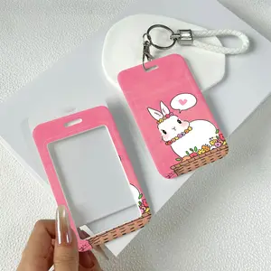 Lovely Bunny In Basket Pattern Durable Plastic ID Badge Holder with Lanyard Slide Design for Cards Transparent Window Compatible with Credit, Metro, Bus Cards-Nurse, Doctor, Student Accessory Hard Plastic