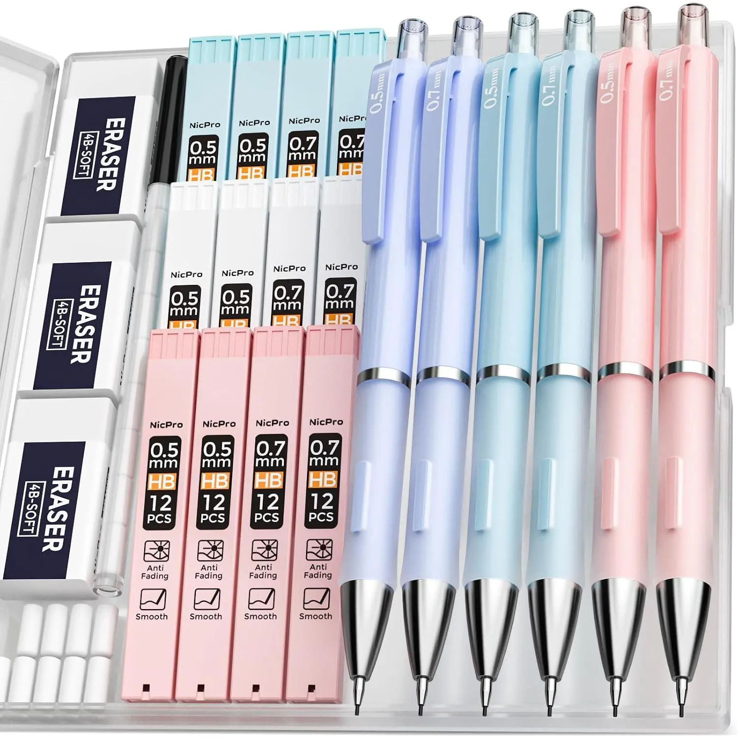 Nicpro 3PCS Cute Mechanical Pencil Set with Case, 0.7 mm Pencils | with 6 Tube HB Lead Refill, 3PCS Eraser, 9PCS Eraser Refill for School Supplies Student Writing, Drafting Drawing Sketching