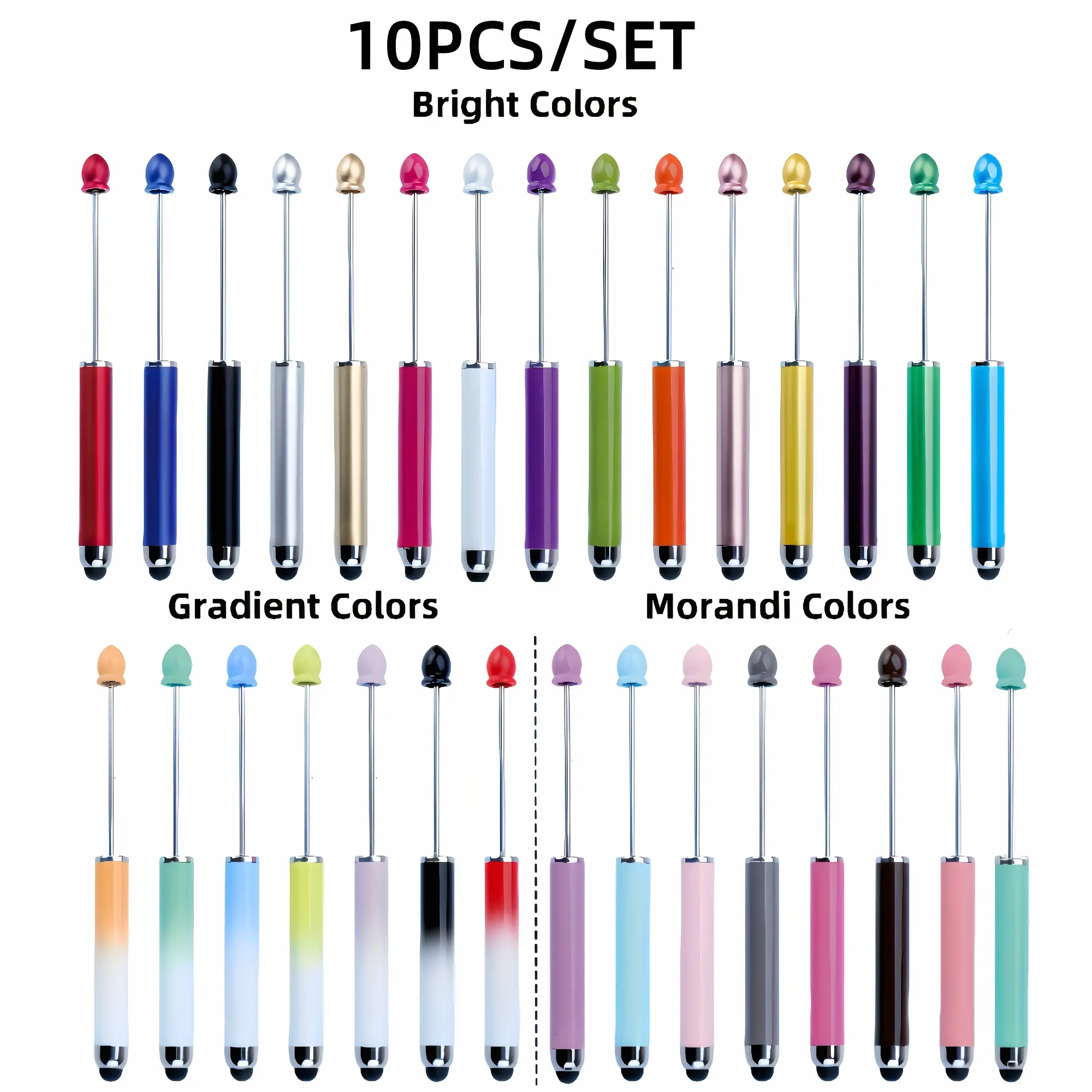 10pcs/20pcs Bright Color/Gradient/Morandi Style Series String Beads Rubber Touch Pen Touch Screen Round Ballpoint Set Random Colors, Can Be Used on Touch Screen Mobile Phone Display Tablets