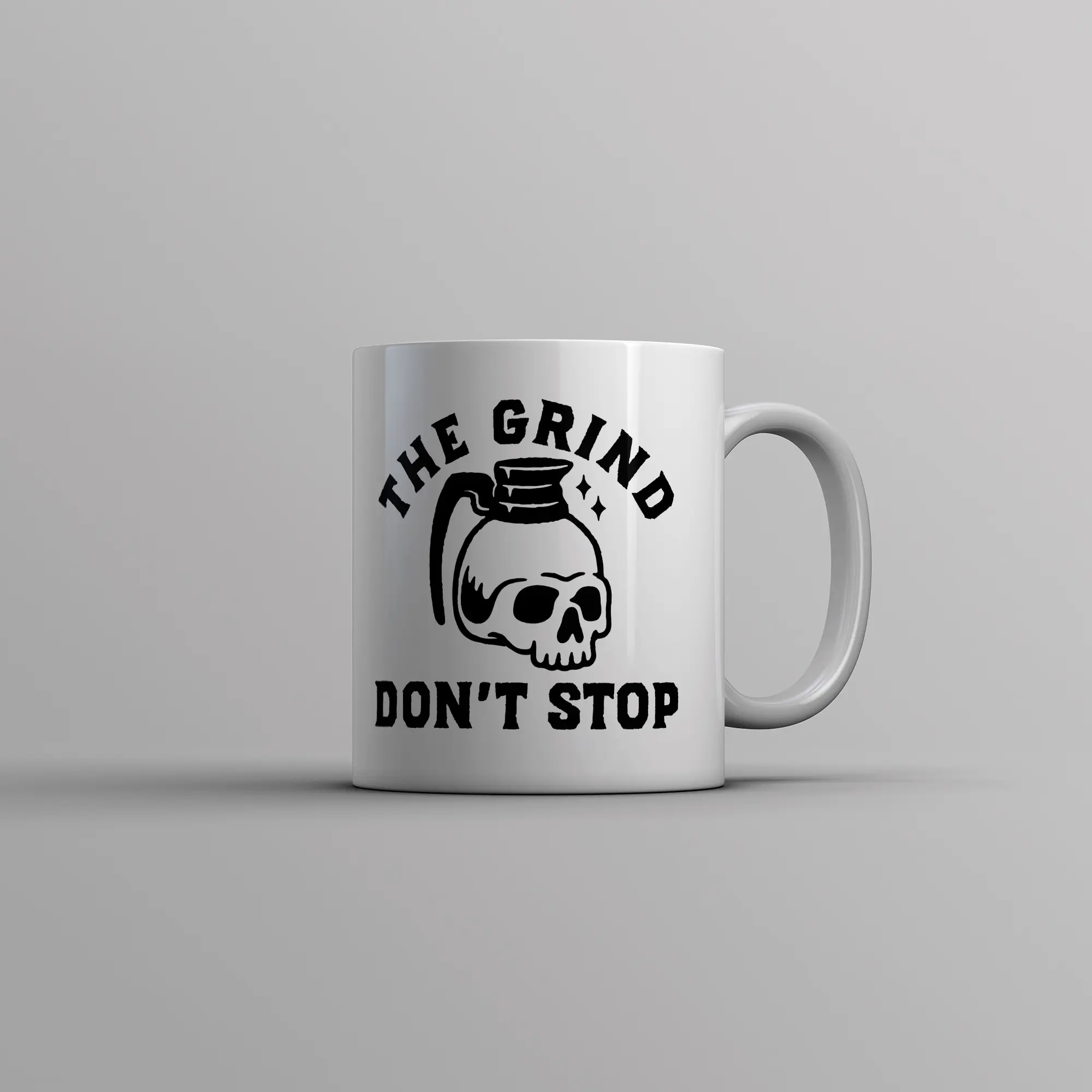 The Grind Dont Stop Mug Funny Spooky Halloween Coffee Pot Skull Joke Cup - 11oz Funny Coffee Mugs Ceramic Printed Drinkware Cup