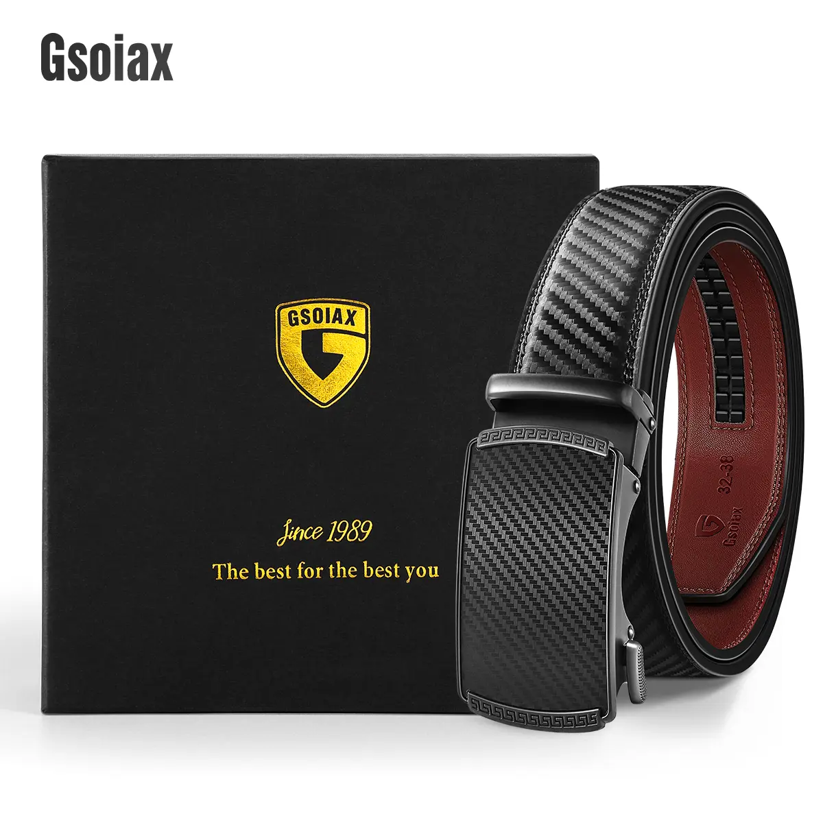 GSOIAX Men's Carbon Fiber Leather Belt with Modern Ratchet Buckle for a Customizable Fit, Stylish Everyday Accessory in Gift Box, Everyday Belts, Modern Buckle Belts