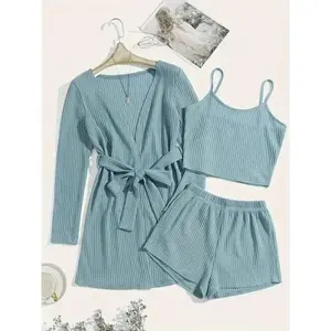 Women'S Casual Solid Waffle Pajama Set - Long Sleeve Robe with Tie Waist, Round Neck Tank Top, and Elastic Shorts, Polyester Blend, All-Season Comfort Wear, Relaxed Fit, Home Wear Robe | Relaxed Fit Robe | Polyester Blend Robe(Sheets)