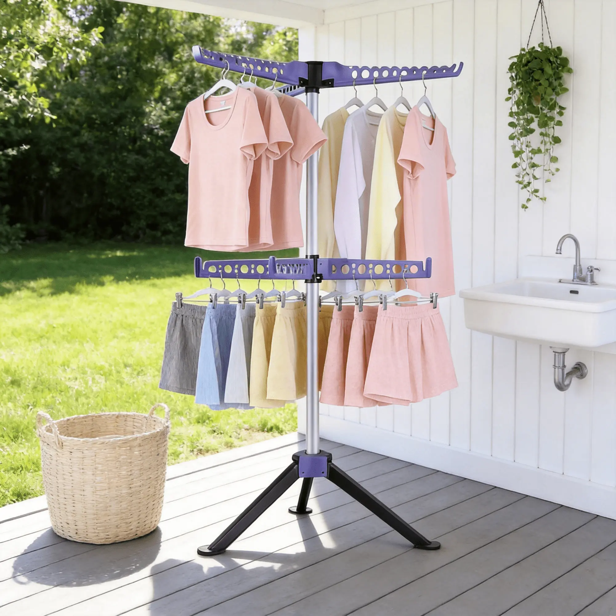 Foldable Tripod Clothes Drying Rack - 2-Tier, 61-Inch, 7-Arm, 3-Leg Portable Collapsible Clothing Airer for Indoor, Outdoor Use, Blue