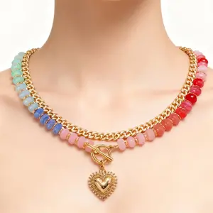 Dopamine Colorful Beaded Layered Necklace  Y2K Accessory featuring a Heart Pendant Chain Summer Beach Jewelry for Women