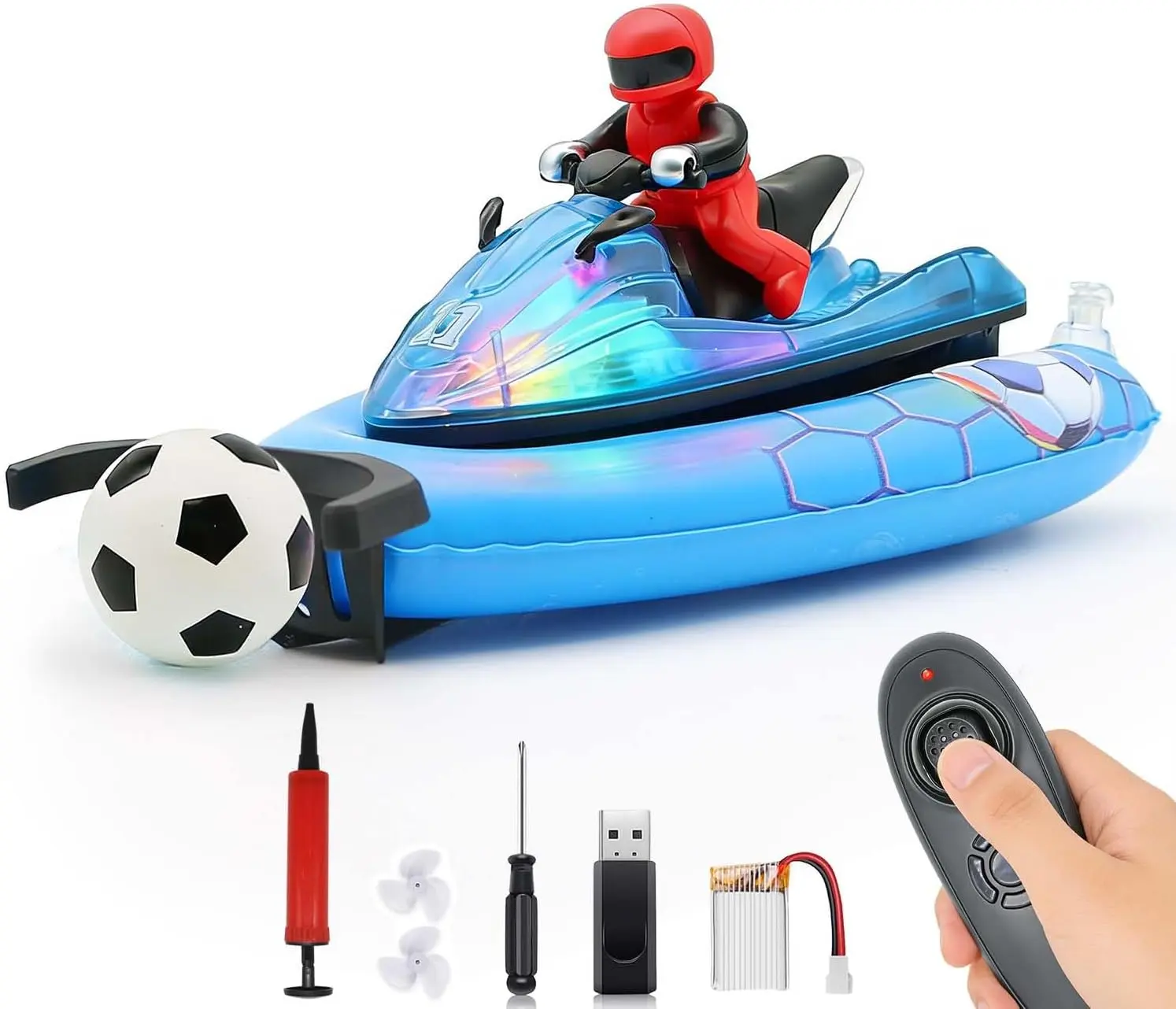 Blue Remote Control Boat for Pool - Inflatable Bumper, 3.7V Rechargeable 700mAh Battery, LED Lights, Water Spray, 360° Protection - Unisex 6-8 Years Kids Summer Water Toy, Mini Football Themed Electric RC Boat (Batteries Included)
