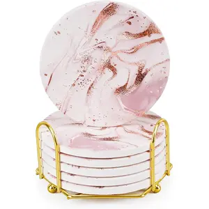 Pink Marble Coasters Set of 6 with Cork Base, Absorbent Coasters with Holder for Dining Table, Housewarming Gifts, Home Decor