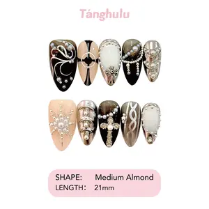 Tanghulu Nails-THE DARK MAJESTY Collection/Handmade Press On Nails/ Black Almond / Medium 19mm