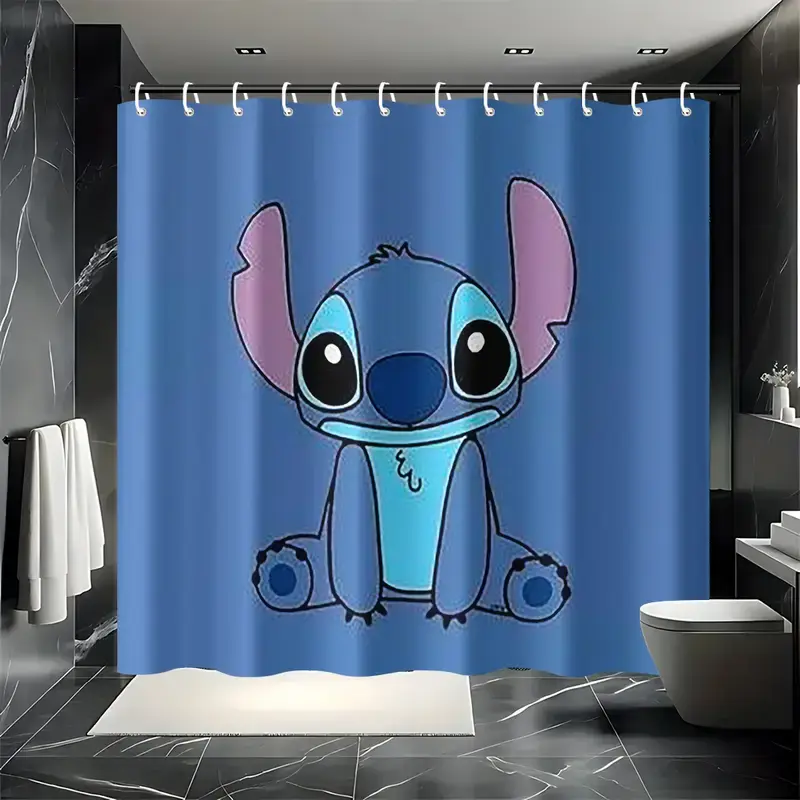 Disney Classic Funny Stitch Shower Curtain with 12 Hooks, Washable, Easy to Clean, No-Drilling Required for Convenient Bathroom Installation, Funny Shower Curtain