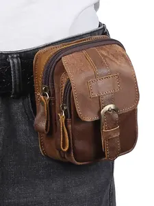 Men's Genuine Leather Phone Waist Bag, Outdoor Casual Style, Belt Hanging Vintage Small Pouch, Fashionable and Durable, Zipper Belt Bag