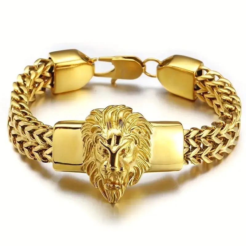 316L Medical-Grade Stainless Steel Gold Lion Head Bangle - Geometric Design, Fine Polishing, Casual Fashion Costume Jewelry Accessory for Daily Wear