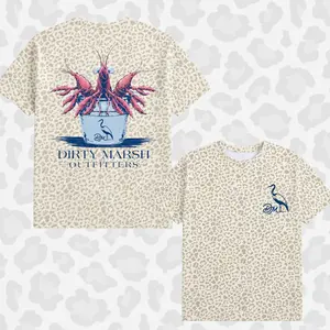Crawfish Bucket Tee Dirty Marsh Outfitters Backshore Botto White Leopard Print T Shirt, Unisex Streetwear Tee, Trendy Casual Outfit for Men Women, TikTok Viral Animal Print Fashion Top, Casual Everyday Wear