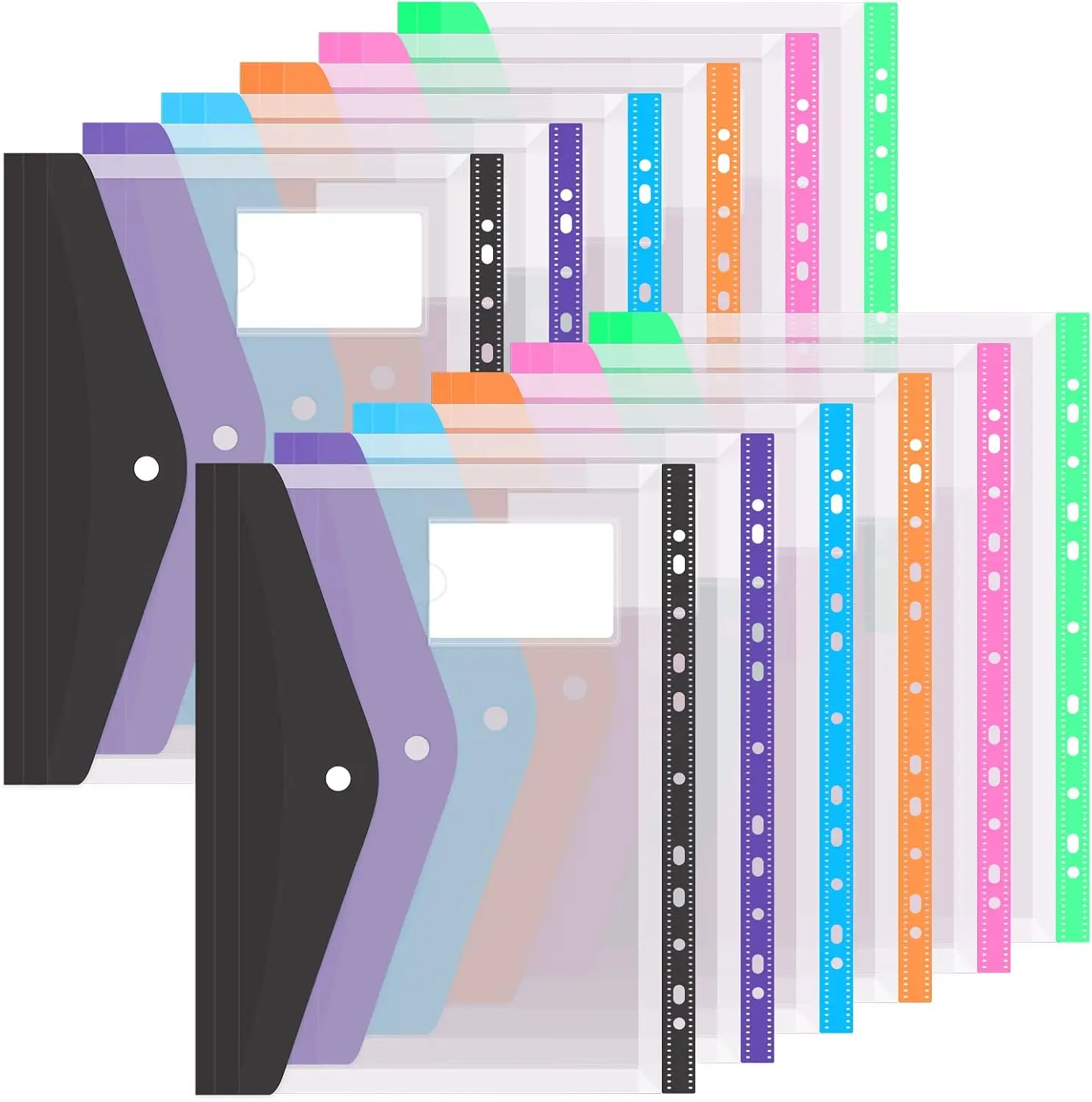 Colorlife 12-Pack A4 Binder Pockets - Durable, Expandable Plastic Envelopes with Snap Button & Label for Organizing Documents in Style