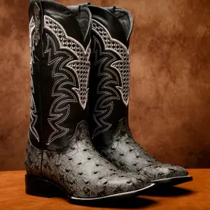 Grey Ostrich  Leather Boots - Square Toe