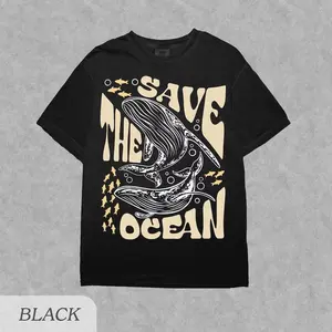 Save the Ocean Graphic T-Shirt Vintage Whale Aesthetic Retro Eco-Friendly Streetwear Premium Cotton Nature Lover Tee for Men & Women Classic Black - Casual