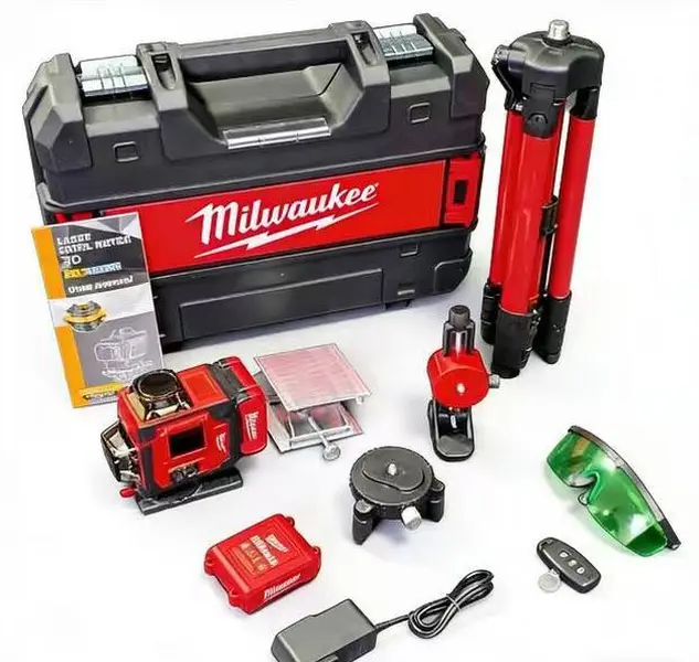 Milwaukee M18 Red Rotary Laser Level Full Kit, Outdoor Self-Leveling Tool with Dual Slope Adjustment, 1-Key Tracking, Laser Receiver, Remote Control, Aluminum Tripod, Grade Rod, M18 XC Battery, Multi Charger, Shockproof Hard Carry Case, IP54 Rating