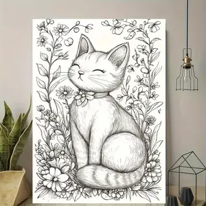 2D Flat 1pc Whimsical Floral Cat Garden Canvas Wall Art- Modern Vintage Design with Wooden Frame, High-Quality Printed Poster for Elegant Home Office Decor, Perfect for Living Room, Bedroom, Or Kitchen, Cat Deco, 2D Flat, Perfect for Room Decor