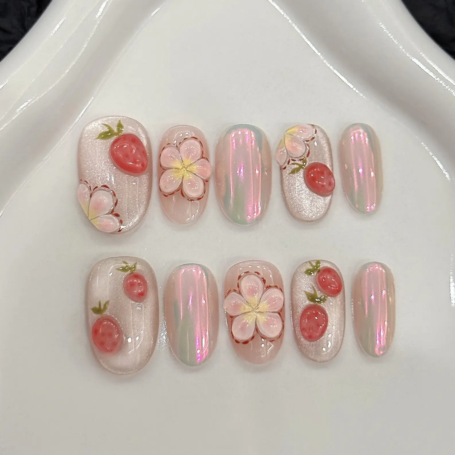 [Strawberry] Short Oval Handmade Press on Nails, Fake Nails with Nail tool kit with Jelly Stickers, Reusable, Durable