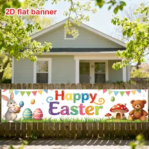 2D Flat - 1pc Easter Themed Party 2D Flat Banner | Polyester with "Happy Easter" Text, Cartoon Bunny and Egg Elements, Ideal for Garden, Home Wall, and Entryway Decorations for Easter and Spring Events Decorative Banner