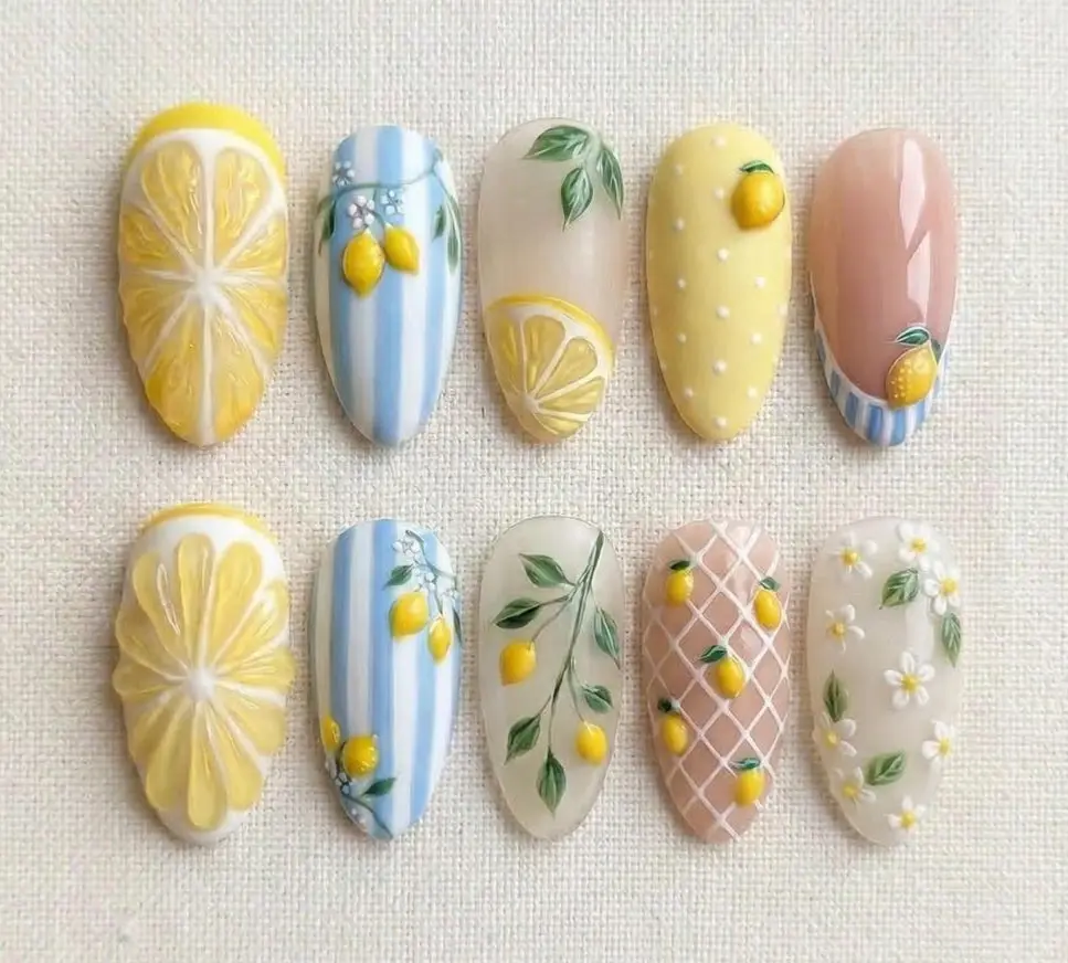 Summer Lemon Press On Nails, Fresh Citrus Nail Set, Yellow Blue Nails, Cute 3D Fruit Nails, Spring Summer Nails, Handmade Gel Nails