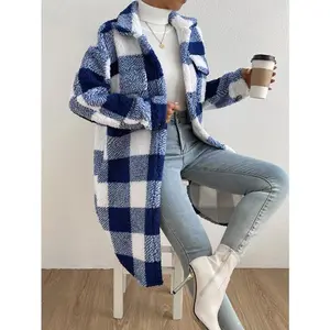 Women's Warm Soft Cozy Plaid Teddy Fleece Shacket Long Coat Checkered Fleece Jacket Fall Winter Days Daily Casual Wear Street Style Layering Holiday Outings Weekend