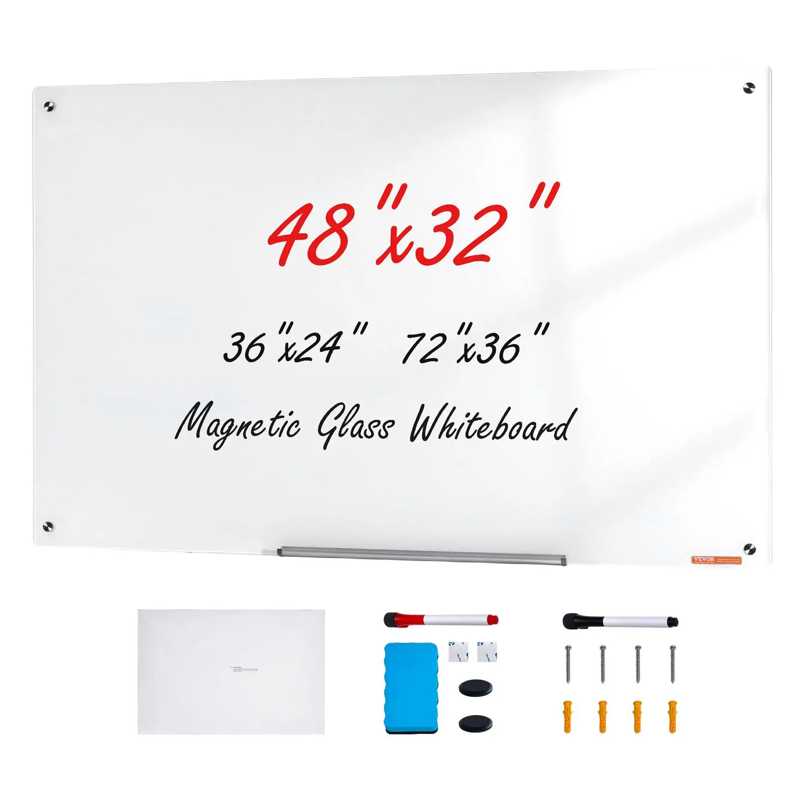 【Summerfinds】VEVOR Magnetic Glass Whiteboard, Dry Erase Board 48"x32", Wall-Mounted Large White Glassboard Frameless, with Marker Tray, an Eraser and 2 Markers, White