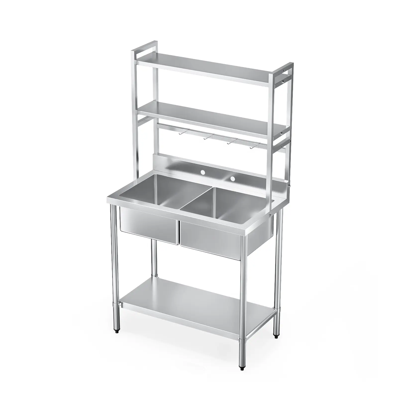 KARLHOME 67" 2-Compartment Commercial 304 Stainless Steel Sink, Freestanding Double Basin Sink with Overhead Shelves & Underside Drying Rack, Drain Included, Utility Sink for Restaurant, Laundry Room, Garage