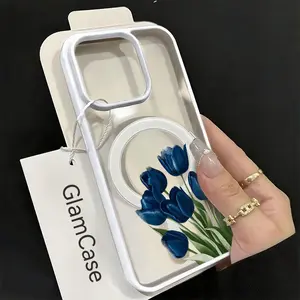 Blue Tulip Bouquet Smartphone Case - Elegant Botanical Art Acrylic Cellphone Shell, Mobile Phone Accessories for iPhone 17/16/15/14/13/12/11 Plus Pro Max Gift