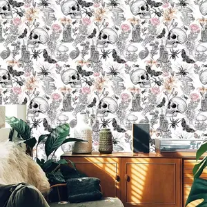 Removable Gothic Skull Wallpaper, Vintage Floral Skull & Insect Print, Self-Adhesive Peel and Stick, Living Room Decor, No Residue