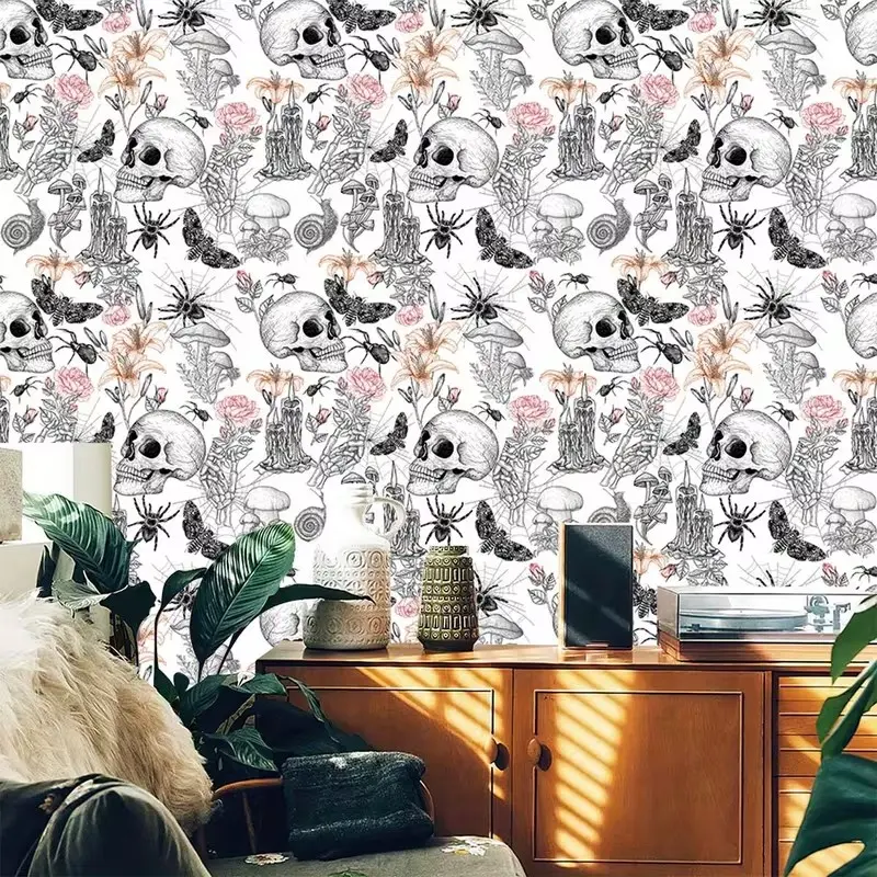 Removable Gothic Skull Wallpaper, Wall Cover, Vintage Floral Skull & Insect Print, Self-Adhesive Peel and Stick, Living Room Decor, No Residue