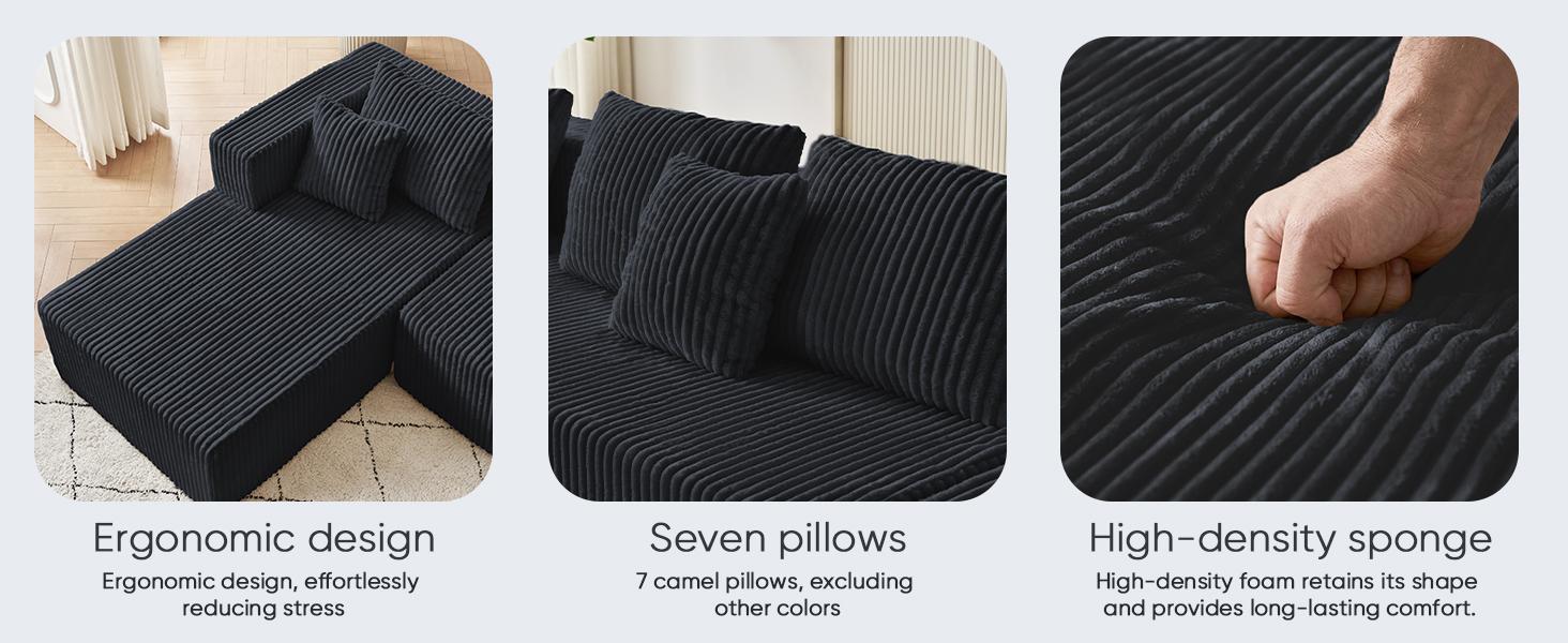 【2 Packages Shipping】MODMOOD 133" Plush Corduroy Cloud Velvet Modular Boneless Couch with Chaise & Ottoman, No Assembly Required - L/U-Shaped Sectional Sofa Set with Flexible Configuration - 133"W x 61.2"D x 25.59"H, convertible