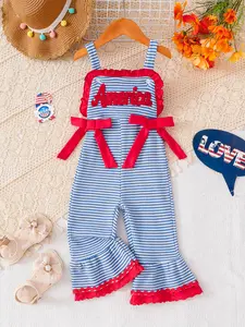 4th of July Fireworks Romper for Toddler Girl - Patriotic Wide Leg Jumpsuit American Flag Red White Blue Summer Clothes