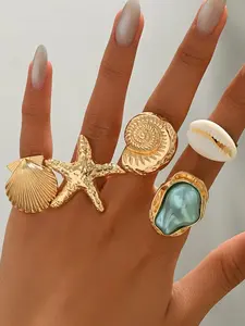 5pcs French-Style Baroque-Inspired Rings, Vintage Starfish Conch Seashell Designs, Elegant Accessories for Women, Daily Wear or Vacations