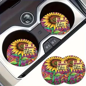 2pcs Cartoon Round Coasters, Sunflower Floral Pattern, Heat Resistant Non-Slip, Car Interior Accessories, Car Cup Coasters and Home Office Desk Coasters, Christmas Gifts Halloween Gifts Birthday Gifts Party Gifts, Party Supplies, Gift Ideas