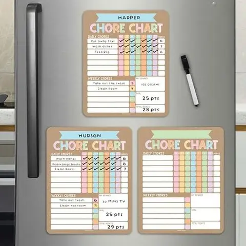 Hadley Designs 3-Pack 8x10 Size Colorful Pastel Rainbow Magnetic Dry Erase Weekly Chore Charts - Fridge Magnets, Chore Tracking Tool, School Supplies, Reward Section, Marker, Customizable USA-Made for Kids, Boosts Harmony, Teaching & Responsibility