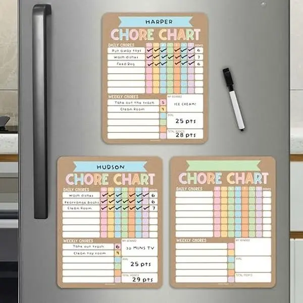 Hadley Designs 3-Pack 8x10 Size Colorful Pastel Rainbow Magnetic Dry Erase Weekly Chore Charts - Fridge Magnets, Chore Tracking Tool, School Supplies, Reward Section, Marker, Customizable USA-Made for Kids, Boosts Harmony, Teaching & Responsibility