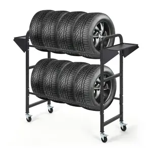 Adjustable Heavy-Duty Rolling Tire Storage Rack – 2-Tier Steel Shelf Organizer for Garage – Locking Swivel Casters for Mobility – Fits SUV & Truck Tires – 500lb Capacity – 45" x 41" x 18" Adjustable Heavy-Duty Rolling Tire Storage Rack