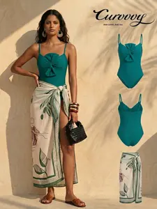 Curvvvy Swim 2026 Women’s One Piece Swimsuit with Skirt Cover Up, Tummy Control Slimming Bathing Suit, Women's Plants Print Swimdress Set, Tropical Floral Swimwear, Boho Style Swimsuit, Spring Break Outfit, Resort Wear, Holiday Swimwear