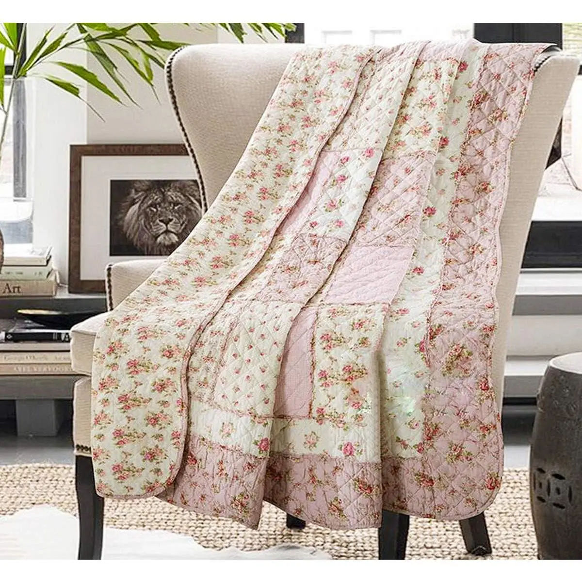 Cotton Patchwork Quilt  Size Pink Floral Bedspread Coverlet Reversible  Shabby Chic Quilted Throw Blanket Bed Quilt Cover for Couch Sofa