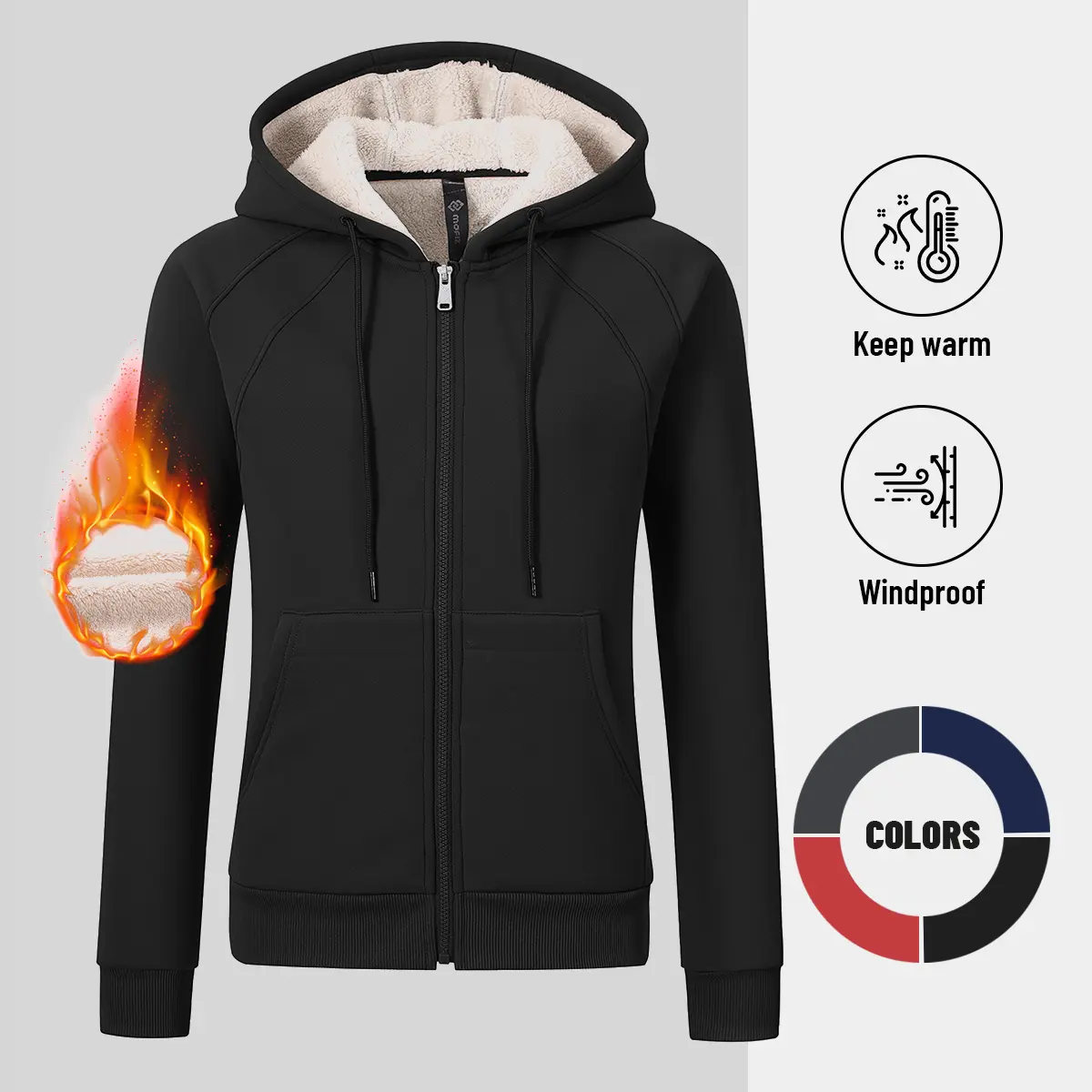MoFiz Women's Basic Sherpa Lined Zip Hoodies, Warm Fleece Jacket with Pockets for Daily Wear and Outdoors